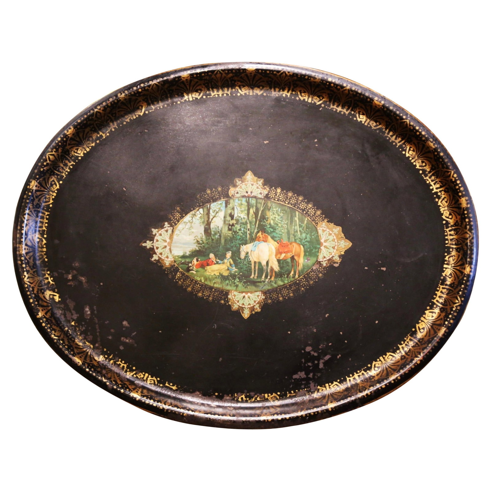 Antique 19th Century French Napoleon III Hand-Painted Tole Tray: Antique 19th Century French Napoleon III Hand-Painted Tole Tray This stunning 19th Century French Napoleon III oval tole tray, crafted circa 1870, showcases exquisite craftsmanship and artistic detail