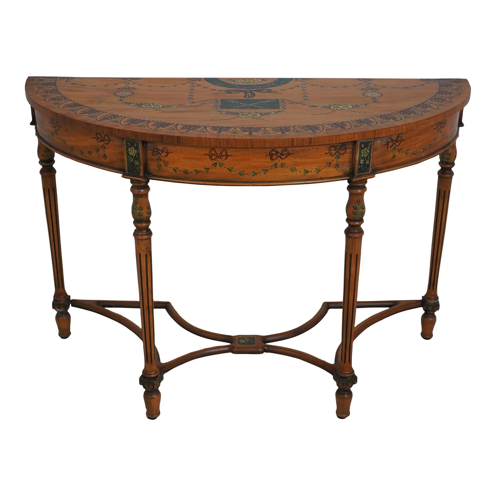 Adams Satinwood Demilune Console Table with Decorated Finish: Adams Satinwood Demilune Console Table with Decorated Finish This elegant Adams Satinwood Paint Decorated Demilune Console Table features a stunning English style with a quality construction that show