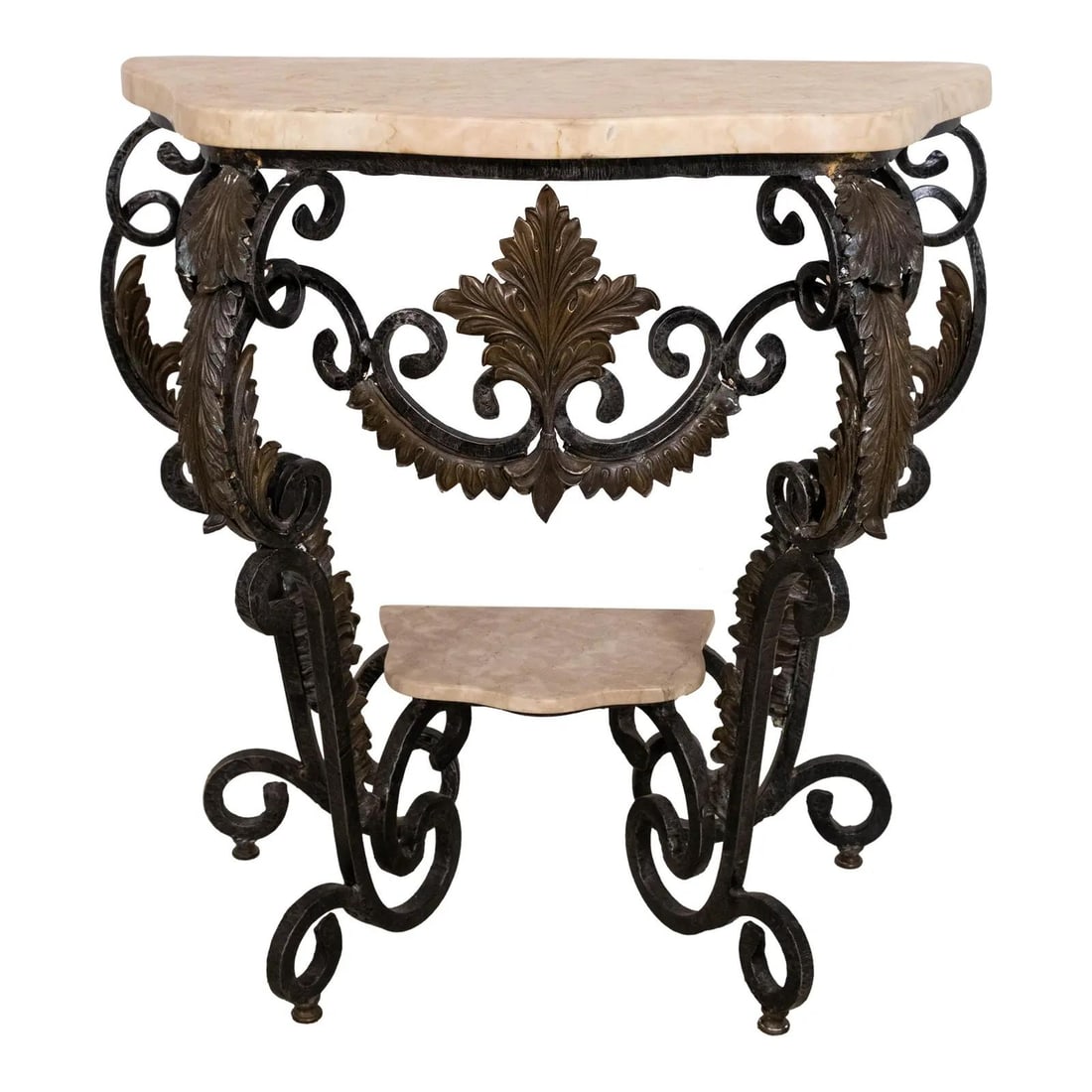 French Console Table with Marble Top and Bronze Accents: French Console Table with Marble Top and Bronze Accents This exquisite French console table features a stunning marble top supported by a heavy, scrolled iron base adorned with elegant bronze details.