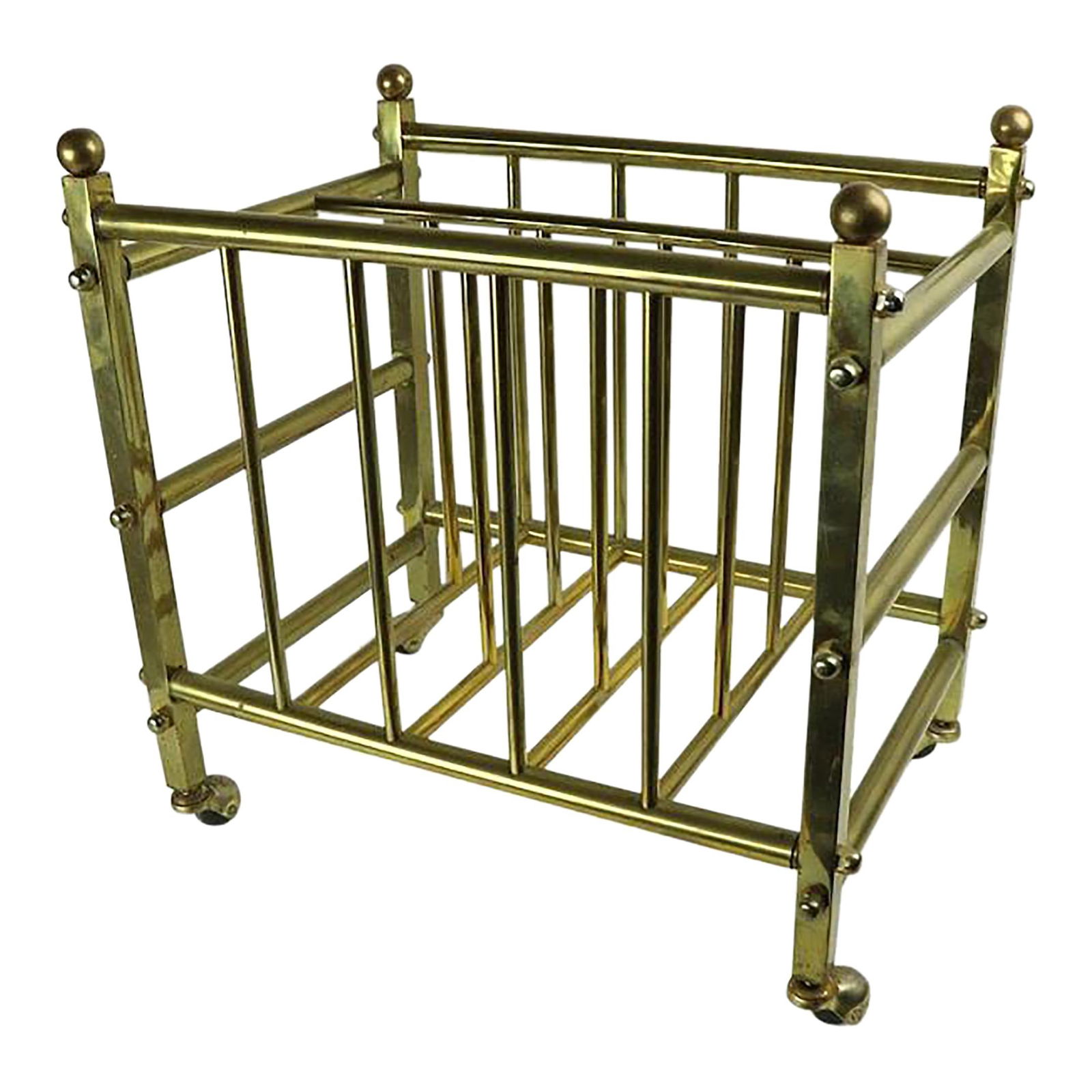 Chic Brass Canterbury Magazine Rack with Hooded Feet: Chic Brass Canterbury Magazine Rack with Hooded Feet This elegant Brass Canterbury Magazine Rack features a stylish squared and tubular brass construction, complemented by hooded ball coaster feet for