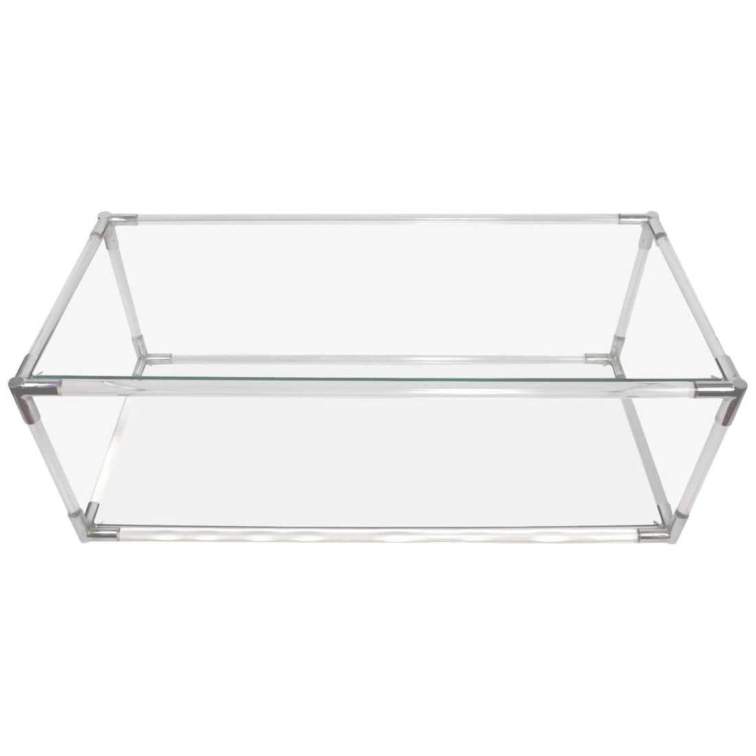Stylish Lucite Chrome Console Table by Charles Hollis Jones: Stylish Lucite Chrome Console Table by Charles Hollis Jones This elegant two-tier console table, attributed to Charles Hollis Jones, features a striking combination of Lucite, chrome, and plate glass.