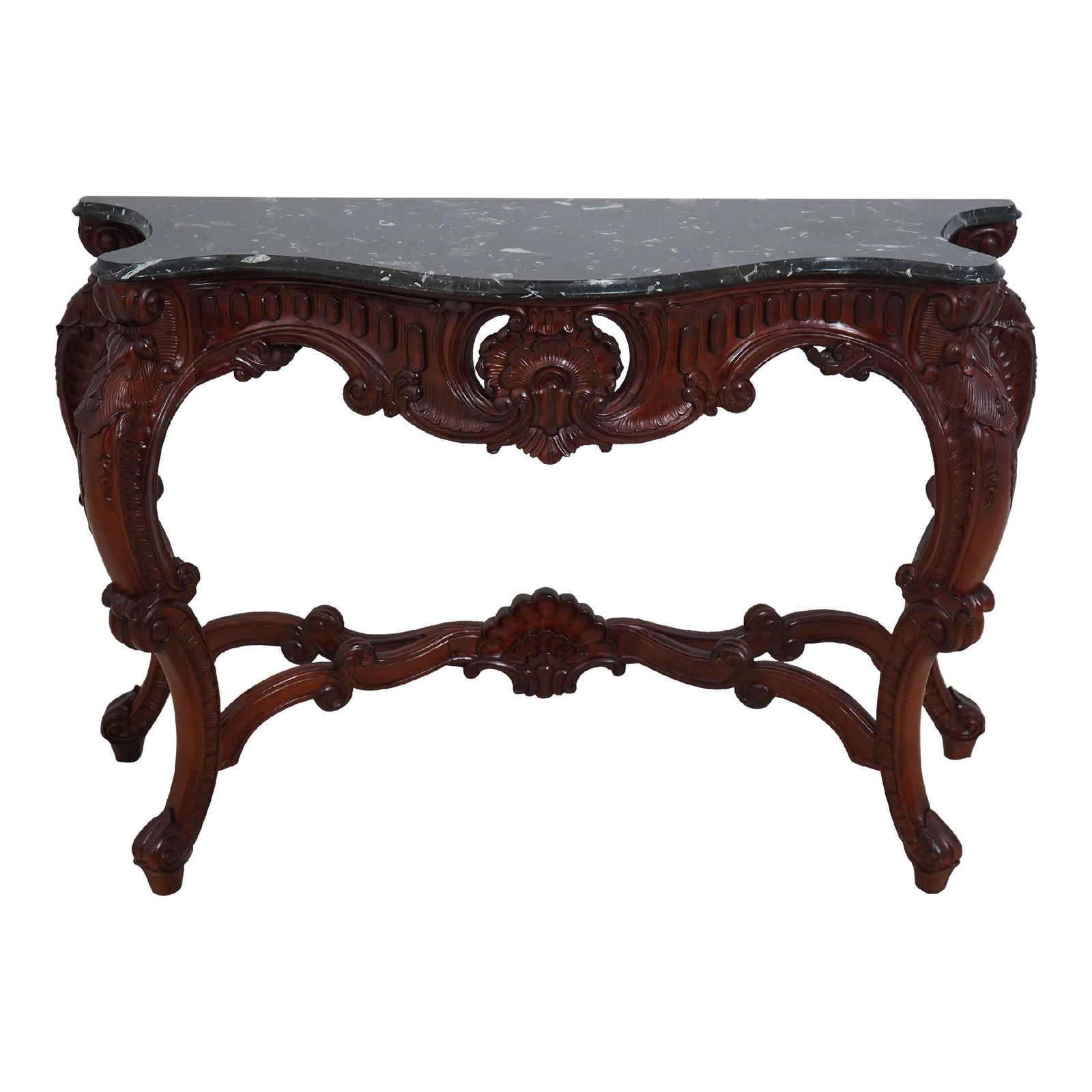 Elegant French Louis XV Console Table with Dark Green Marble Top: Elegant French Louis XV Console Table with Dark Green Marble Top This exquisite French Louis XV Style Console Table showcases a stunning dark green marble top set upon a beautifully carved cherry fini