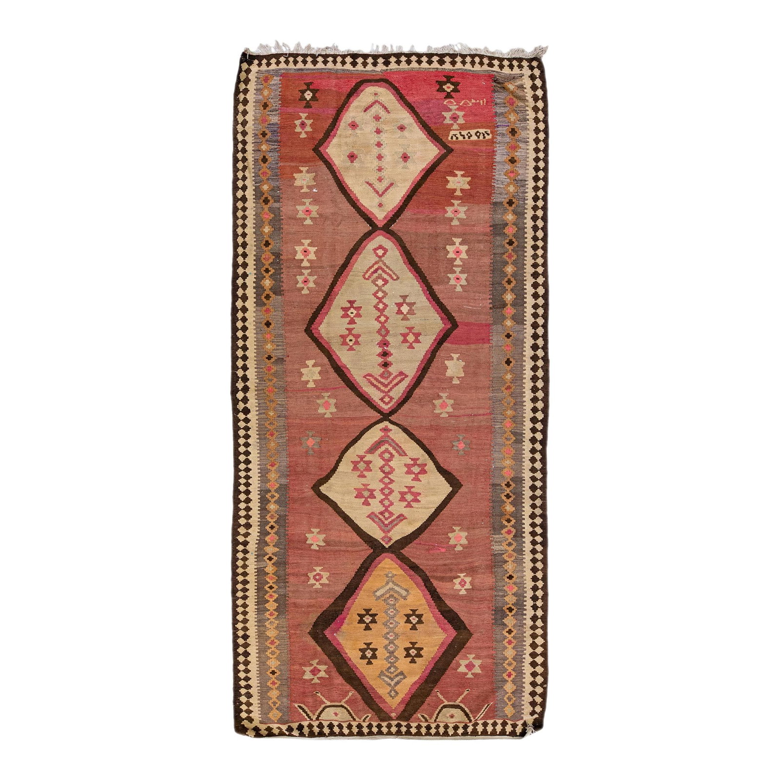 1960s Vintage Turkish Kilim Hand-Knotted Wool Rug 5'1 x 11'04 Tribal Design: 1960s Vintage Turkish Kilim Hand-Knotted Wool Rug 5'1 x 11'04 Tribal Design Explore this stunning vintage Turkish Kilim rug, hand-knotted from quality wool. Featuring a rich rust field complemented by