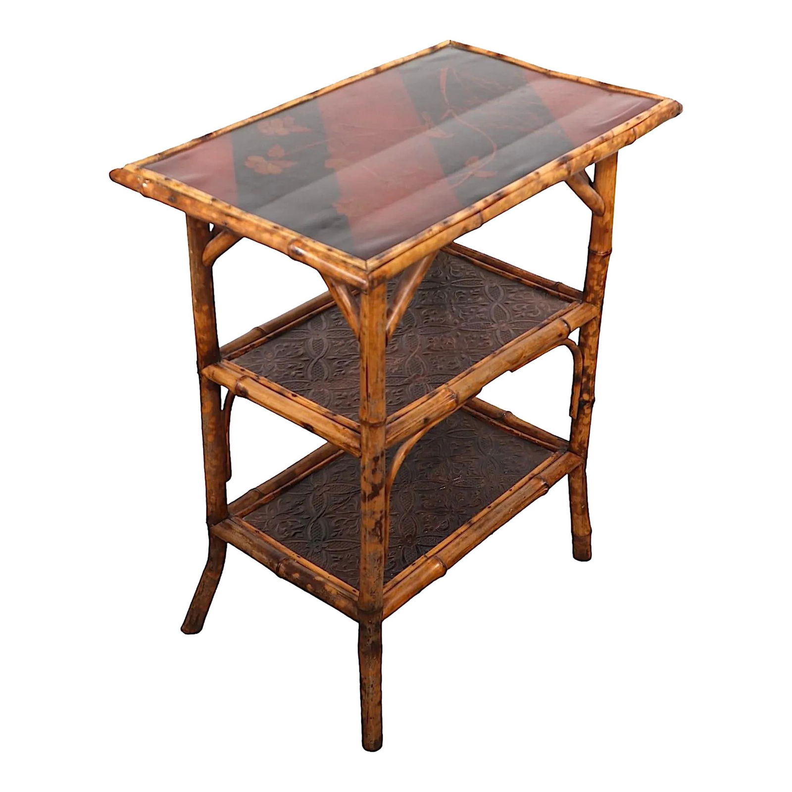 Victorian Chinoiserie Bamboo Lacquer Side Table C 1890/1900: Victorian Chinoiserie Bamboo Lacquer Side Table C 1890/1900 This exquisite Victorian English Chinoiserie style side or end table showcases a beautifully lacquered top in warm orange and brown tones, f