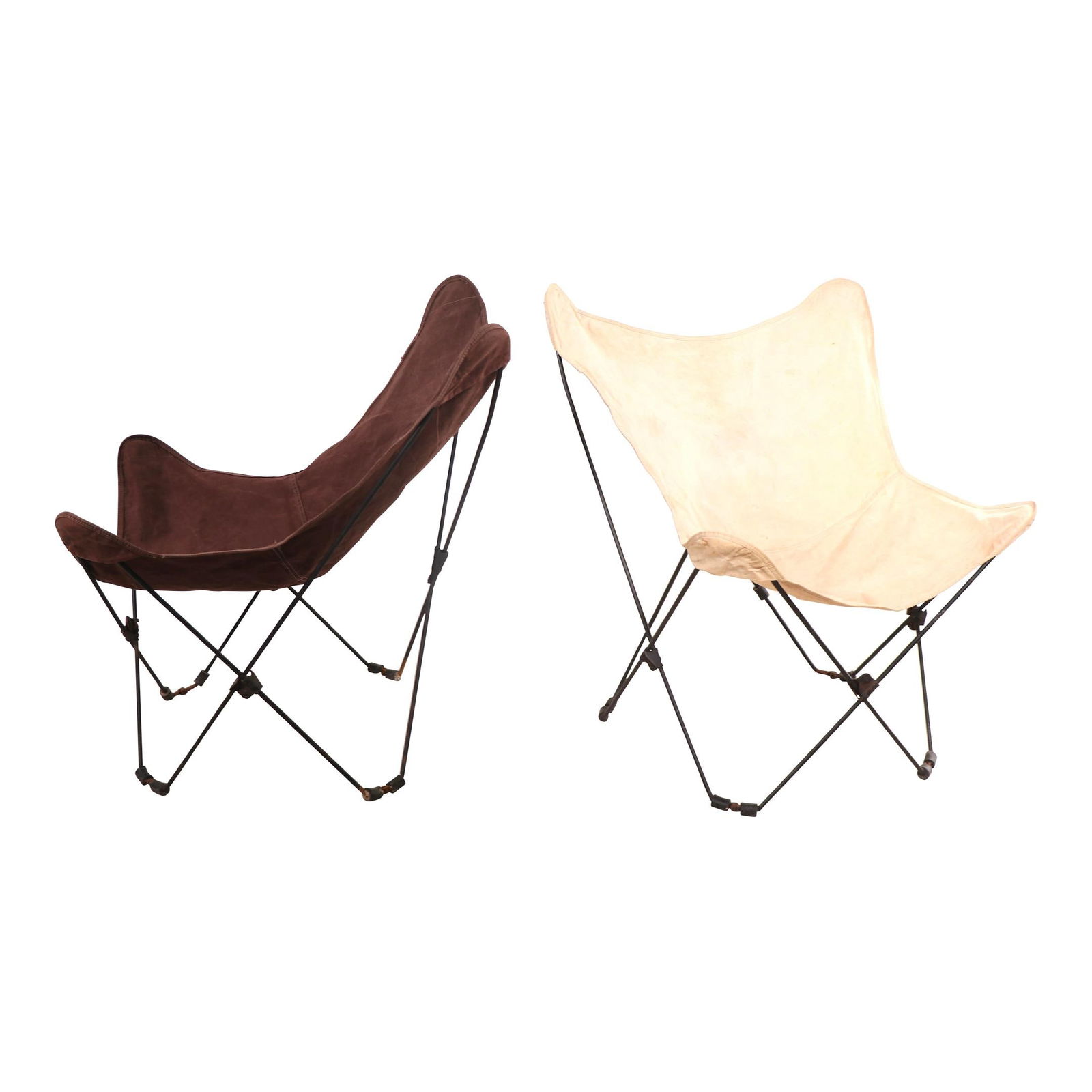 Set of 2 Vintage Mid Century Canvas Sling Butterfly Chairs: Set of 2 Vintage Mid Century Canvas Sling Butterfly Chairs Elevate your living space with this chic set of two mid-century vintage canvas sling butterfly chairs. Crafted on folding wrought iron frames