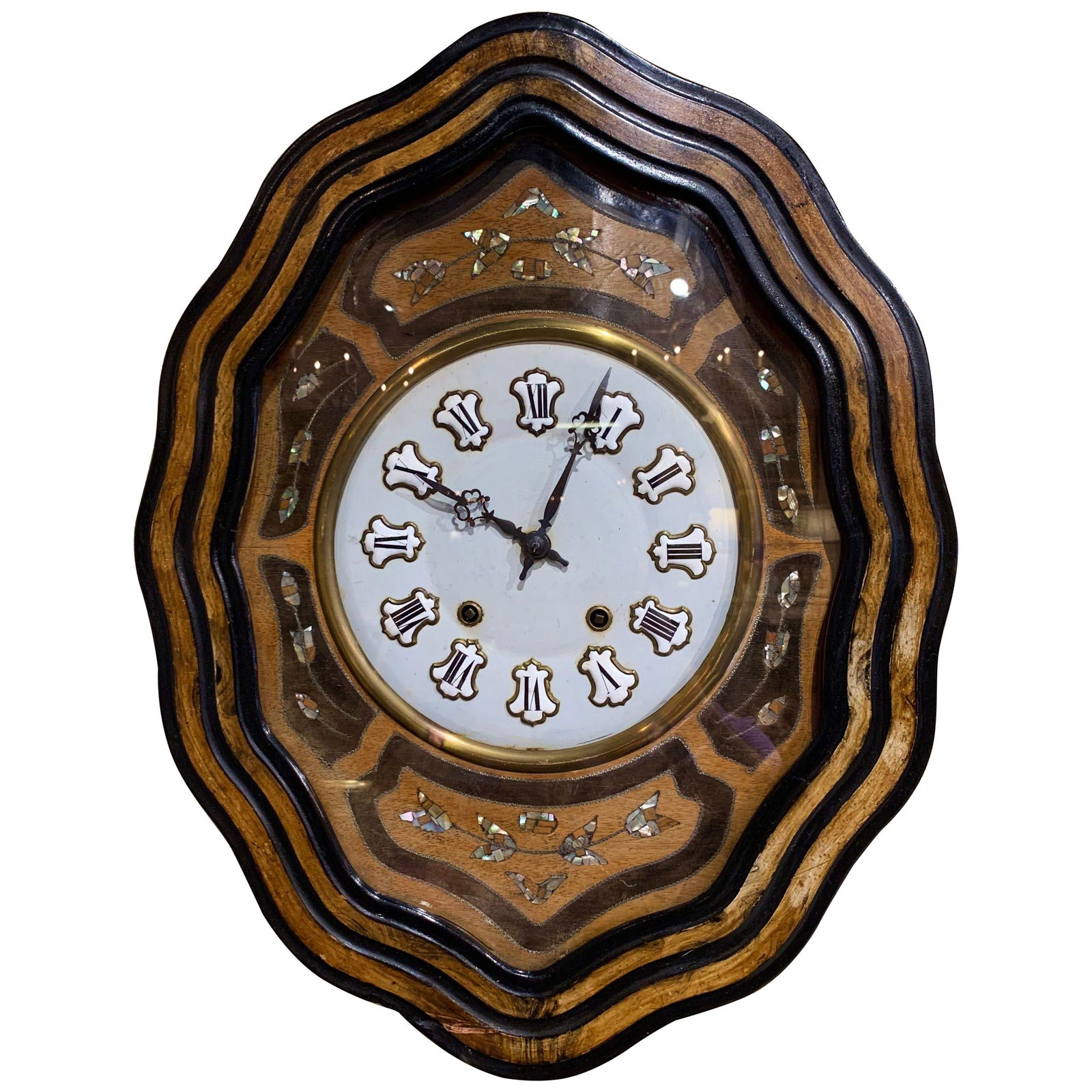 19th Century French Napoleon III Mother of Pearl Inlay Wall Clock: 19th Century French Napoleon III Mother of Pearl Inlay Wall Clock This exquisite 19th Century French Napoleon III wall clock is a captivating piece of history crafted circa 1870. The clock showcases a