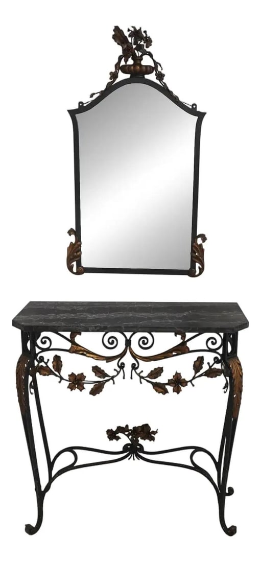 1930s Vintage Wrought Iron Console Table with Mirror Gold Finish: 1930s Vintage Wrought Iron Console Table with Mirror Gold Finish This exquisite vintage console table and mirror set combines functionality with artistic charm. Crafted in the 1930s, the table feature