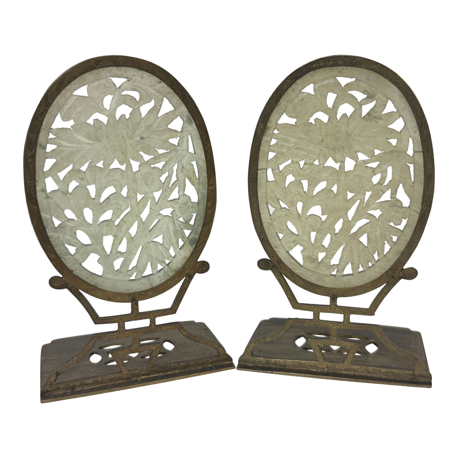 Art Deco Chinese Carved Jade Brass Bookends Set of 2 1920s: Art Deco Chinese Carved Jade Brass Bookends Set of 2 1920s This exquisite pair of Art Deco bookends showcases the artistry of the Republic Period (circa 1920s) in China. Crafted with intricately pierc