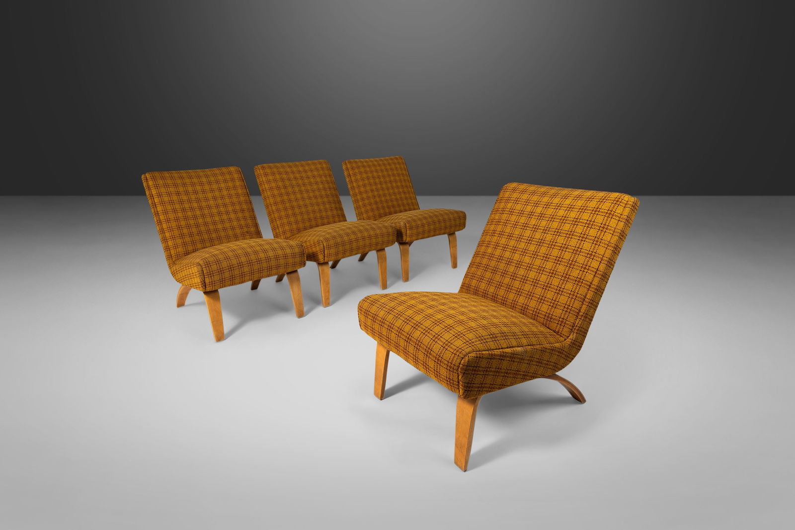 Vintage Thonet Set of 4 Slipper Chairs Yellow Plaid 1940s Birch Wood: Vintage Thonet Set of 4 Slipper Chairs Yellow Plaid 1940s Birch Wood This set of four slipper chairs, crafted by Thonet in the 1940s, features an original yellow plaid wool fabric that adds a vibrant
