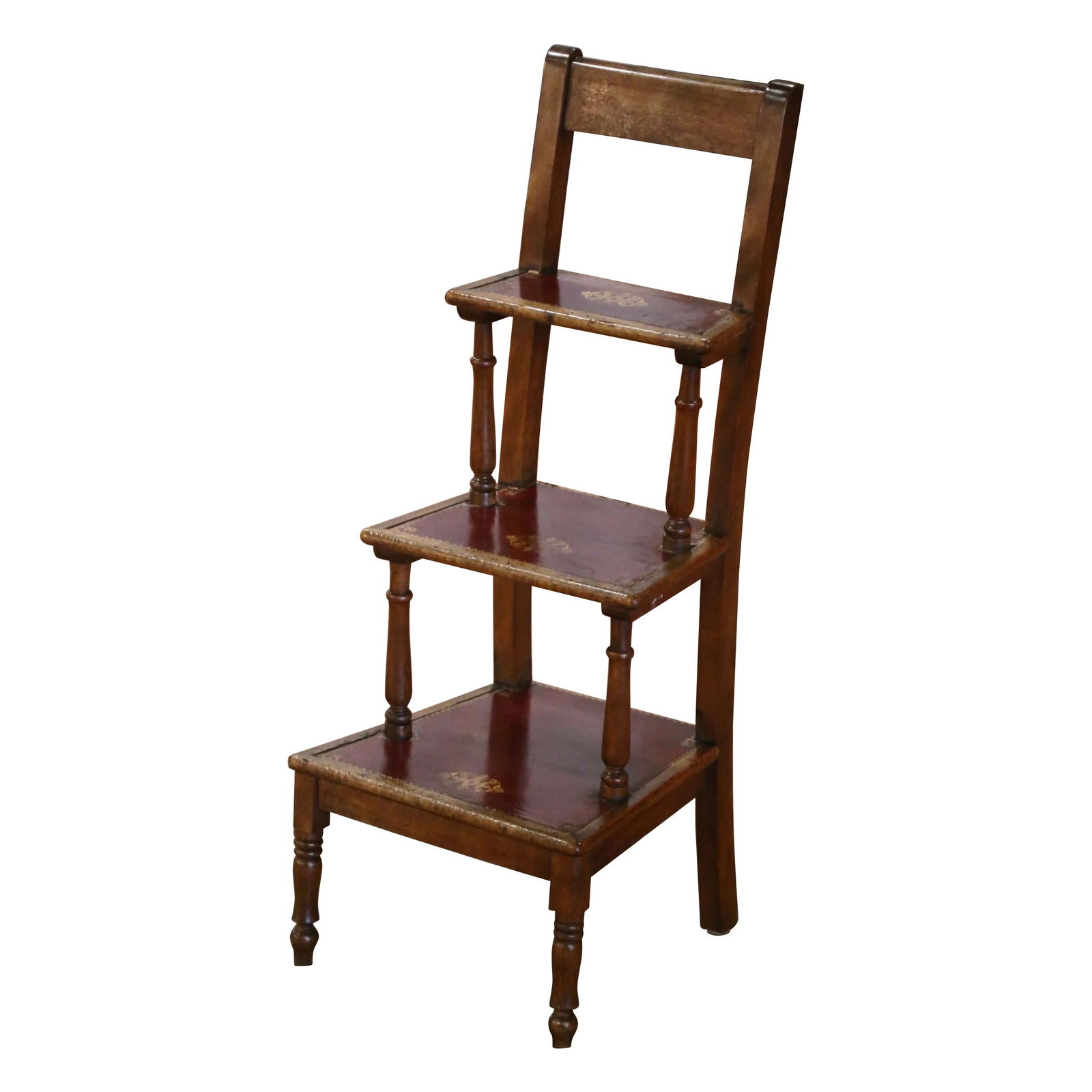 19th Century French Louis Philippe Walnut Library Ladder with Burgundy Leather Steps: 19th Century French Louis Philippe Walnut Library Ladder with Burgundy Leather Steps This exquisite 19th Century French carved walnut and red leather three-step library ladder is a stunning example of