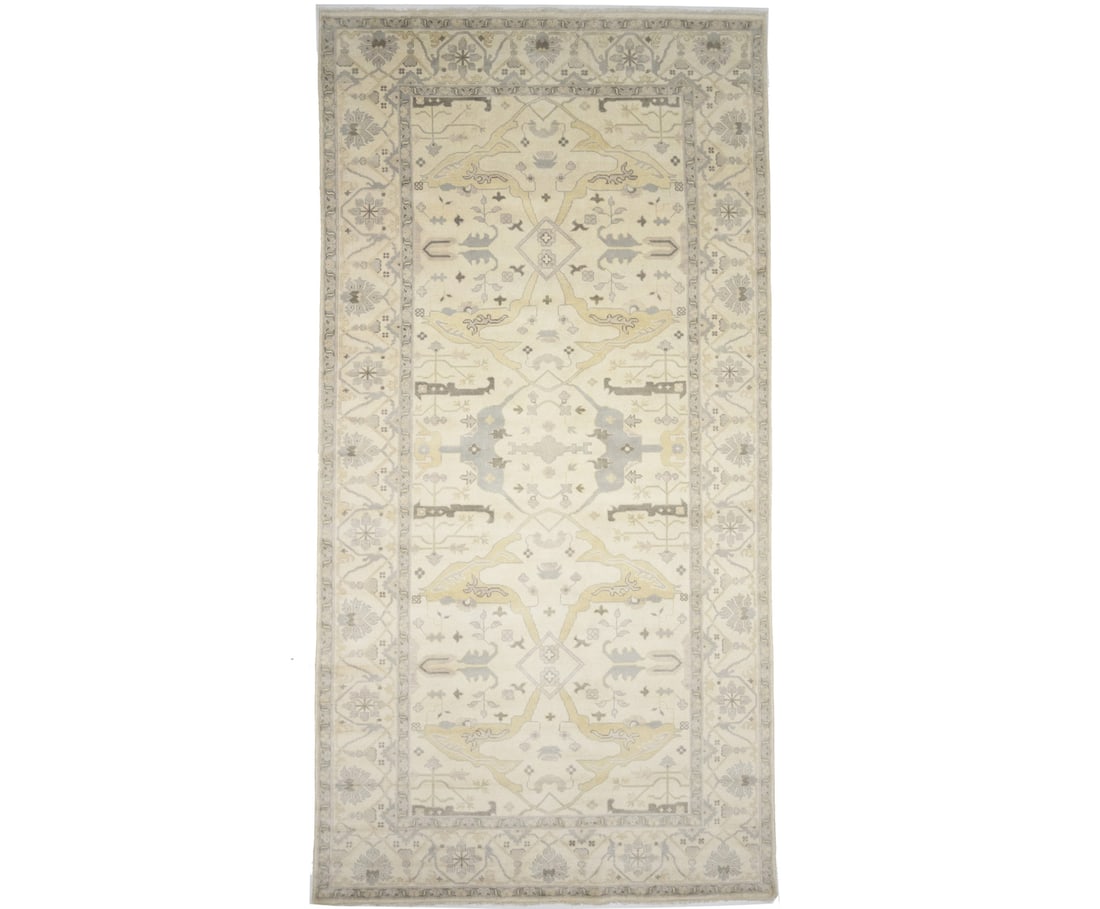 Rare Hand-Knotted Floral Oushak Wool Area Rug 9'0 x 17'10: Rare Hand-Knotted Floral Oushak Wool Area Rug 9'0 x 17'10 Enhance your home decor with this exquisite hand-knotted wool Oushak Oriental rug. Featuring a stunning floral pattern in muted tones of cream