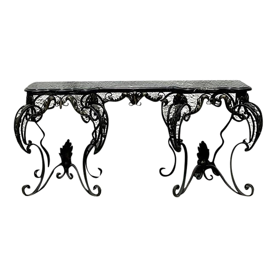 Vintage Regency Wrought Iron Console Table with Black Marble Top: Vintage Regency Wrought Iron Console Table with Black Marble Top Enhance your home decor with this striking Vintage Regency Wrought Iron and Marble Console Table. This grand piece features a meticulou