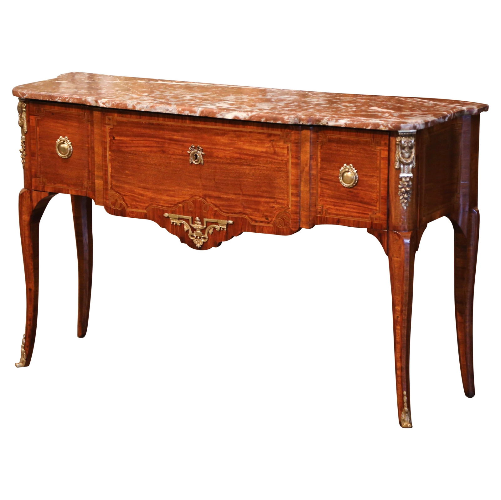 19th Century Louis XVI Rosewood Console with Rouge Marble Top: 19th Century Louis XVI Rosewood Console with Rouge Marble Top Enhance your space with this exquisite 19th Century French Louis XVI-style console table, crafted circa 1870. This elegant piece features