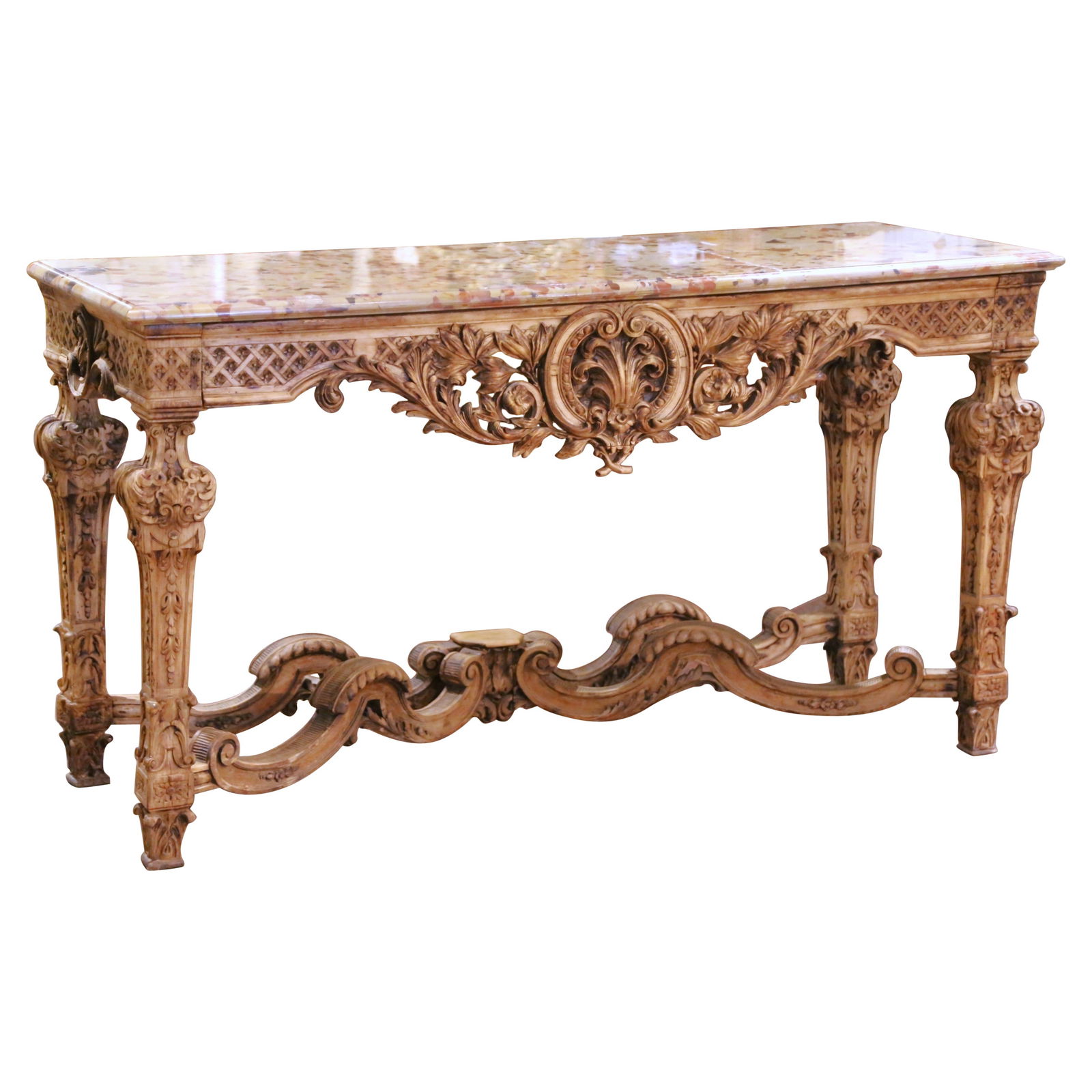 18th Century French Louis XIV Bleached Walnut Console Table with Breccia Marble Top: 18th Century French Louis XIV Bleached Walnut Console Table with Breccia Marble Top This exquisite 18th Century French Louis XIV console table showcases a stunning bleached walnut frame paired with a