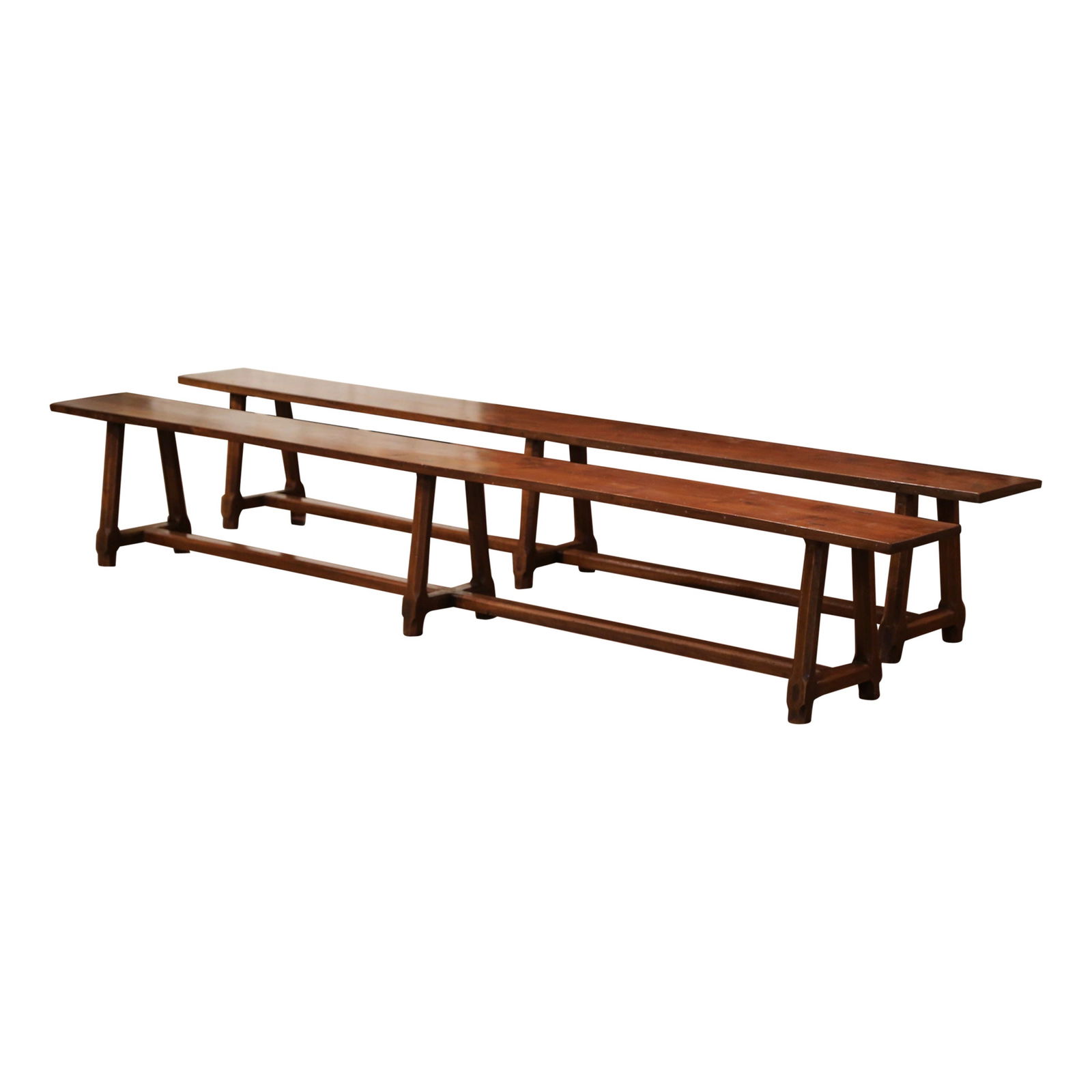 19th Century French Provincial Carved Cherry Benches Set of 2: 19th Century French Provincial Carved Cherry Benches Set of 2 Enhance your farmhouse dining experience with this elegant pair of 19th-century French Provincial carved cherry farm benches. Crafted circ
