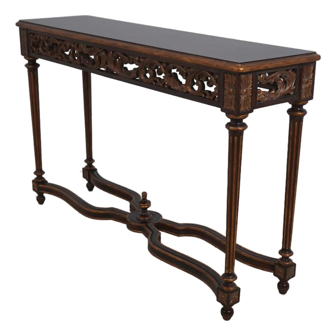 Maitland Smith Louis XVI Mahogany Gold Console Table Model 3430-951: Maitland Smith Louis XVI Mahogany Gold Console Table Model 3430-951 This exquisite console table showcases the elegance of the French Louis XVI style, crafted from high-quality mahogany. Featuring orn