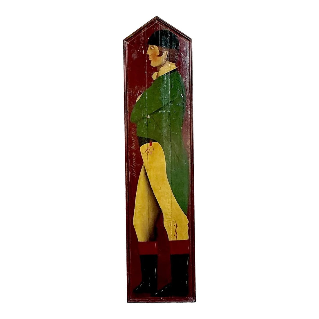 Vintage Hand-Painted British Jockey Wall Art Panel 68.25" Tall: Vintage Hand-Painted British Jockey Wall Art Panel 68.25" Tall Discover the timeless charm of vintage equestrian art with this monumental hand-painted jockey panel. This captivating piece, rendered in