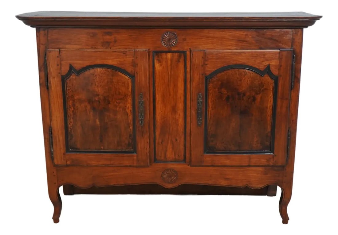 Antique Louis XV Fruitwood 2 Door Cabinet with Key Lock: Antique Louis XV Fruitwood 2 Door Cabinet with Key Lock This exquisite French Antique Louis XV Cabinet showcases stunning craftsmanship and elegance, built from rich fruitwood and featuring fine carve