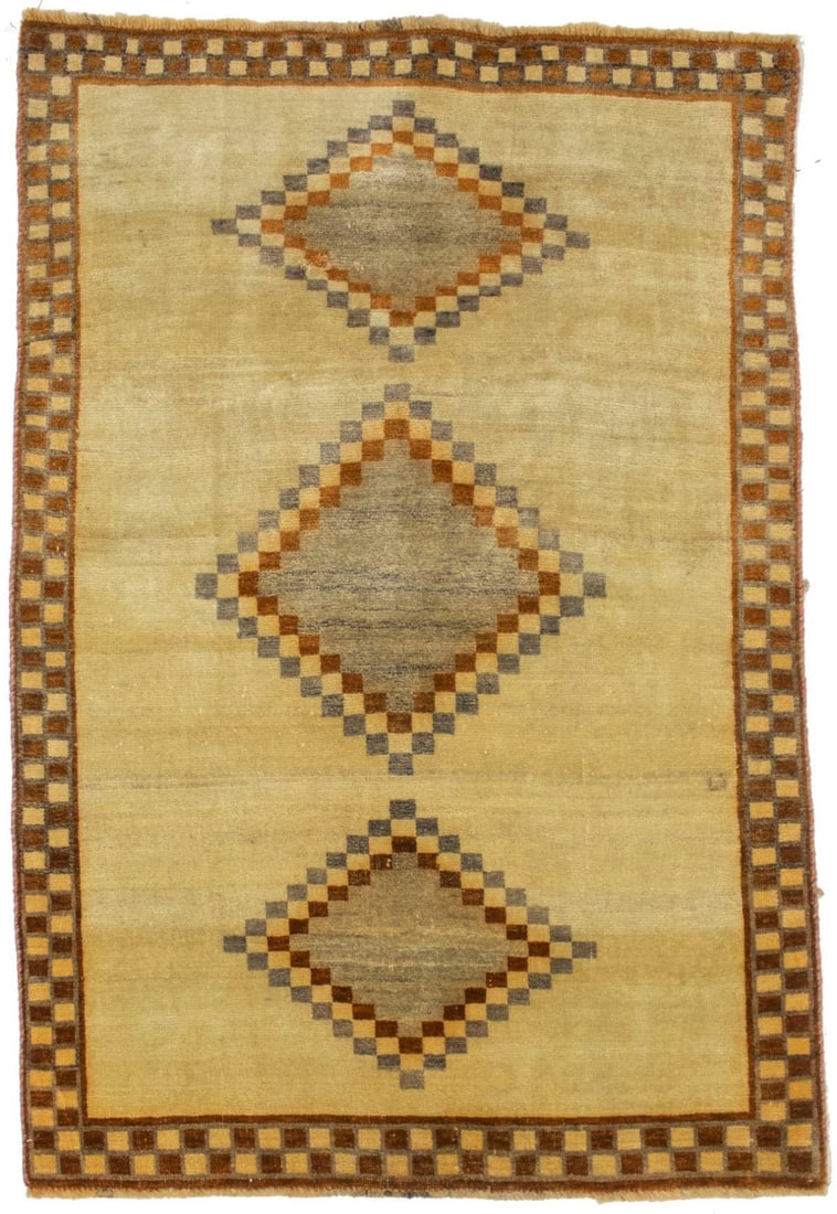Vintage Geometric Gabbeh Lori Wool Rug 3'6 x 5'3 ft Tribal Design: Vintage Geometric Gabbeh Lori Wool Rug 3'6 x 5'3 ft Tribal Design Enhance your living space with this stunning Modern Vintage Gabbeh Lori Rug, featuring a captivating geometric tribal design. Measurin