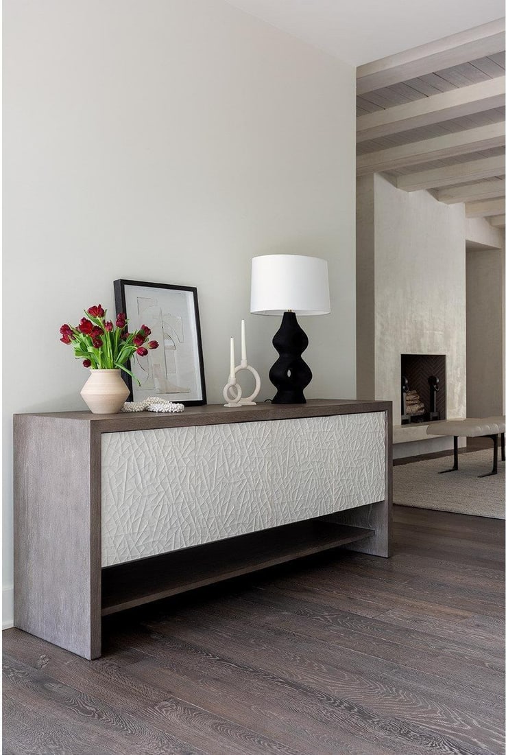 Universal San Roque Oak Console with Adjustable Shelves 31H 72W 19D: Universal San Roque Oak Console with Adjustable Shelves 31H 72W 19D This San Roque Oak Console features a stunning Shattered Earth finish and offers adjustable shelves, making it a versatile addition