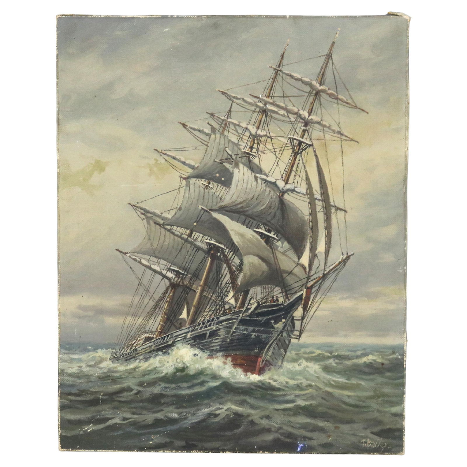 Antique Oil Seascape Painting by T. Bailey Circa 1900 Tall Masted Ship: Antique Oil Seascape Painting by T. Bailey Circa 1900 Tall Masted Ship This exquisite antique oil on canvas painting by T. Bailey, created circa 1900, features a stunning seascape with a tall masted s