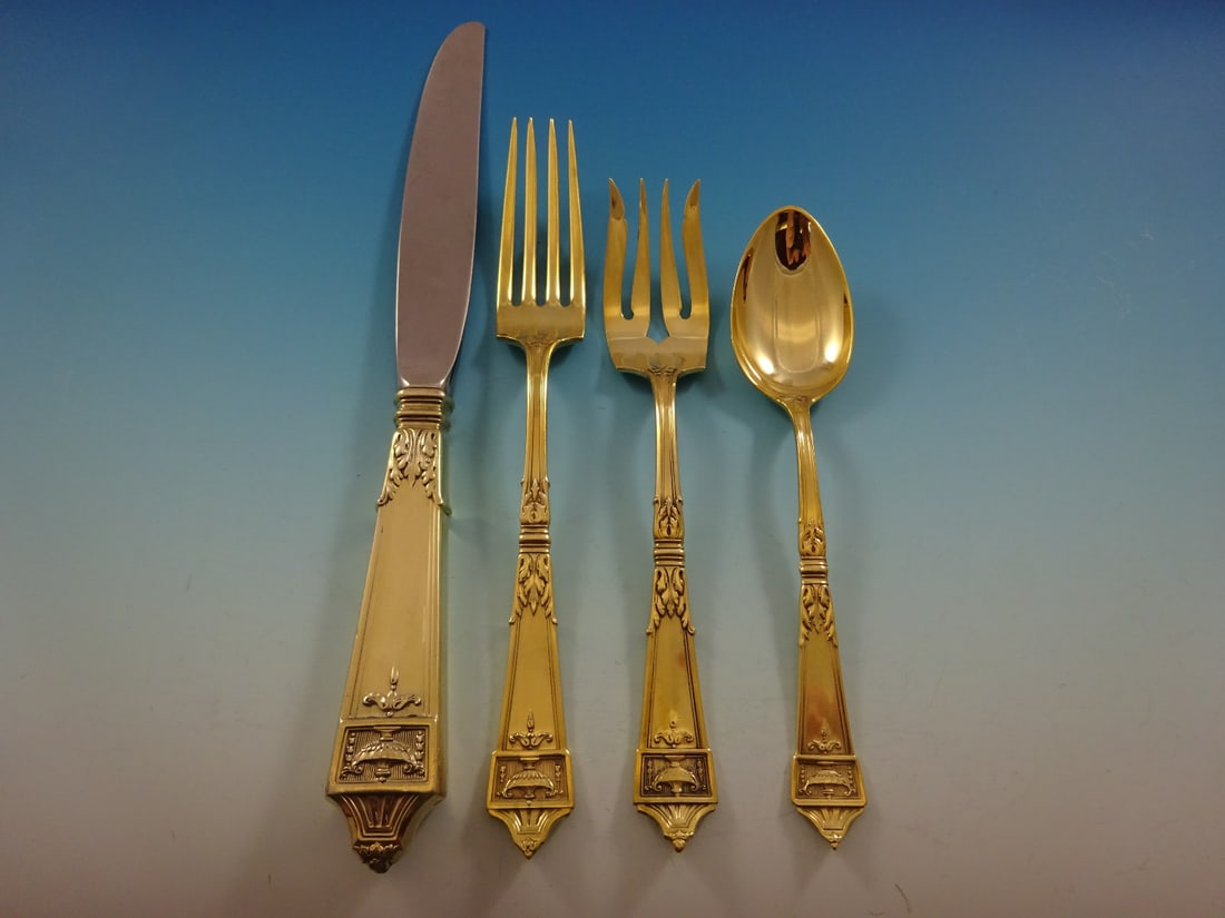 Gorham Lansdowne Gold Vermeil Sterling Silver Flatware Set 32 Pcs: Gorham Lansdowne Gold Vermeil Sterling Silver Flatware Set 32 Pcs Elevate your dining experience with the stunning Lansdowne Gold flatware set by Gorham. This exquisite collection features a luxurious