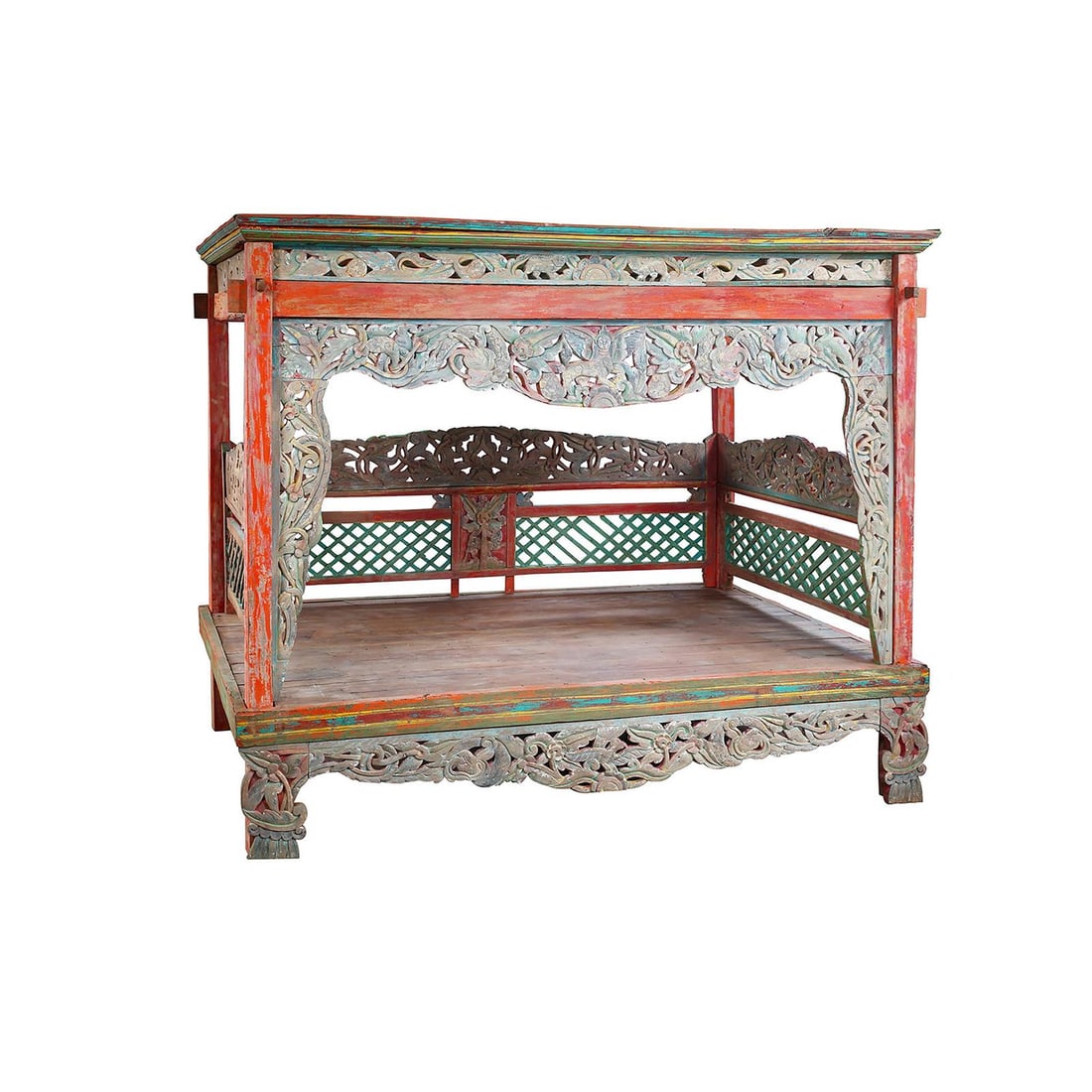 Old Madura Teak Bed Rustic Distressed Finish 98H 94W 57D: Old Madura Teak Bed Rustic Distressed Finish 98H 94W 57D Experience the charm of rustic elegance with this Old Madura Teak Bed, crafted in an antique or vintage style. The bed features a distressed pa