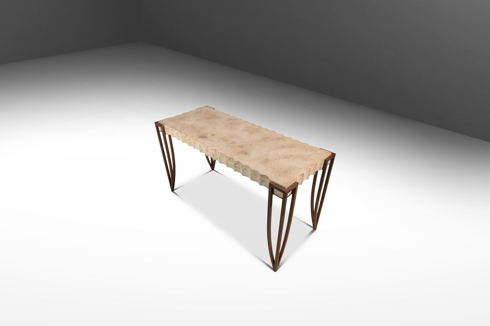 R and Y Augousti Inspired Mid-Century Console Table in Cement and Patinaed Steel: R and Y Augousti Inspired Mid-Century Console Table in Cement and Patinaed Steel This exceptional Mid-Century Post Modern Art Deco Console/Sofa Table embodies a unique blend of design and functionalit