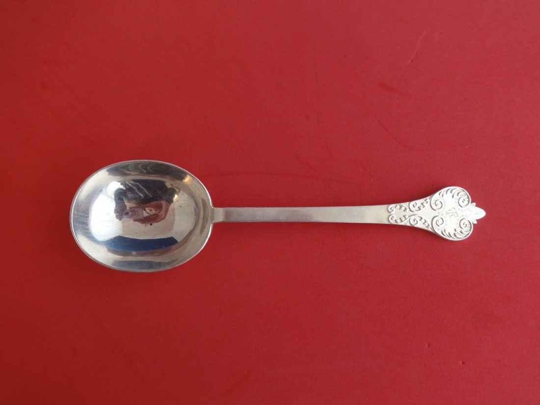 Mappin & Webb William & Mary Sterling Silver Gumbo Spoon 7.5" Monogrammed: Mappin & Webb William & Mary Sterling Silver Gumbo Spoon 7.5" Monogrammed This exquisite gumbo soup spoon is crafted from sterling silver and features the elegant William & Mary pattern by renowned ma