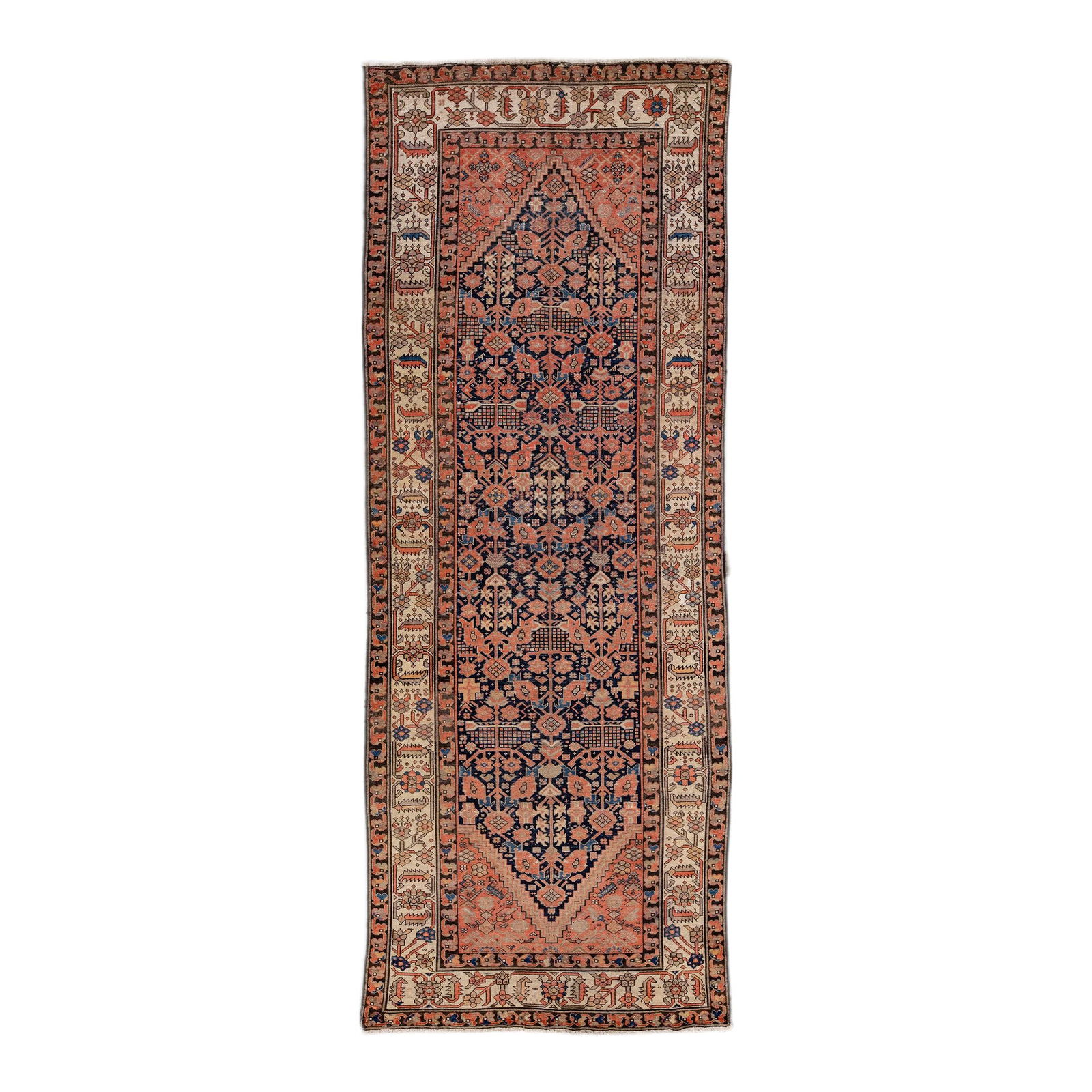 Antique Malayer Blue and Rust Wool Runner 4'10 x 12'11 Hand-Knotted: Antique Malayer Blue and Rust Wool Runner 4'10 x 12'11 Hand-Knotted This exquisite antique Malayer runner features a stunning hand-knotted wool construction with a captivating navy blue field. The des