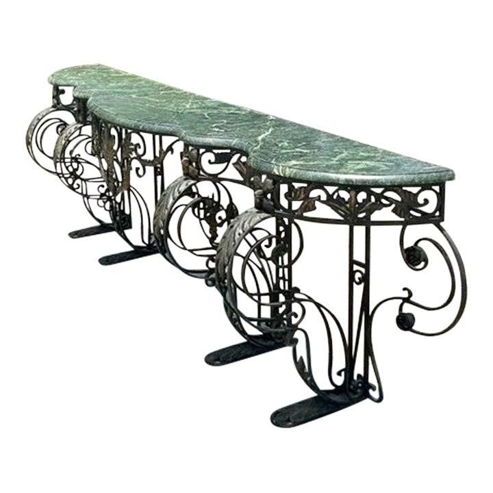 Monumental Vintage Regency Wrought Iron Console Table with Green Marble Top: Monumental Vintage Regency Wrought Iron Console Table with Green Marble Top Make a bold statement with this monumental vintage Regency-style console table, featuring a luxurious green marble top with
