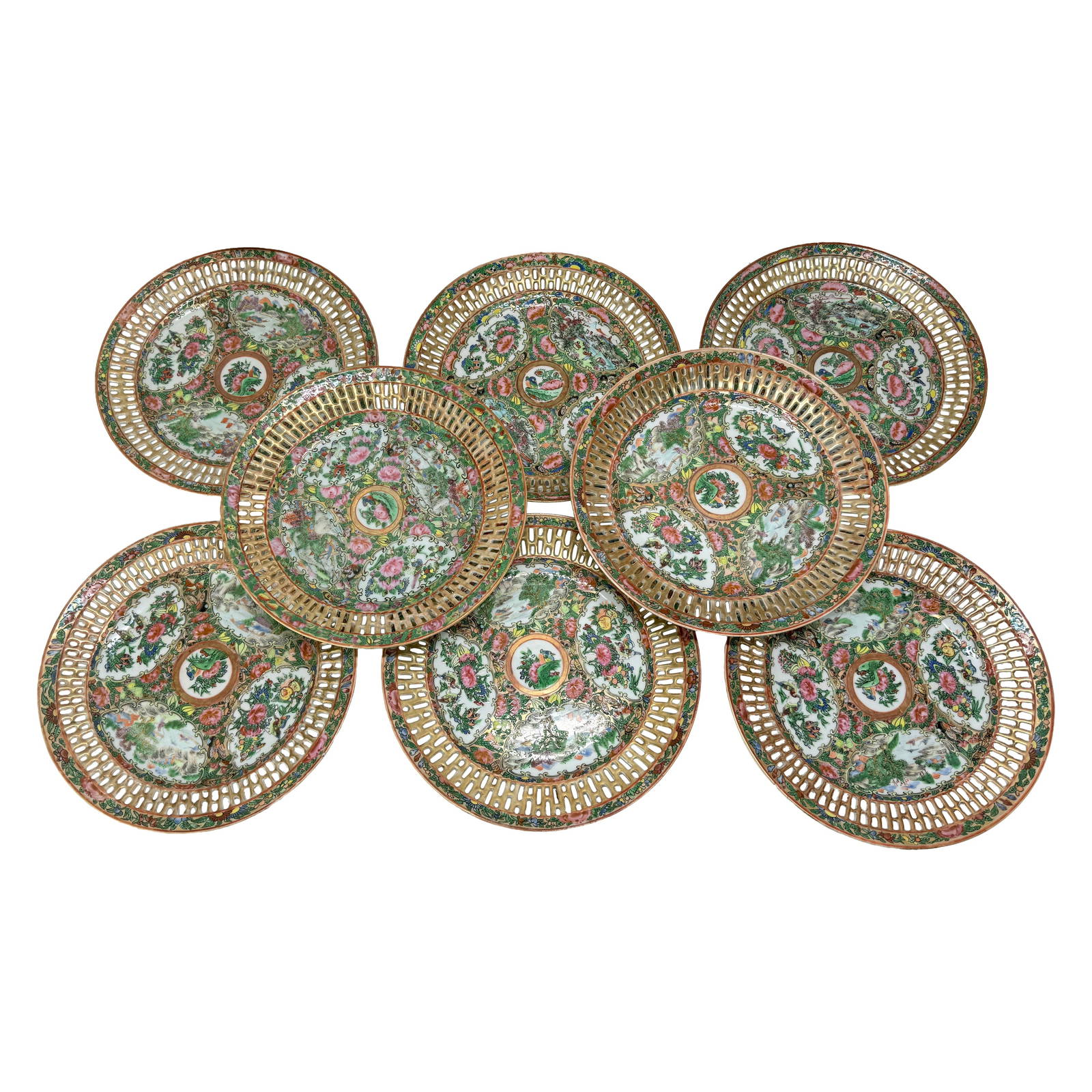 19th Century Set of 8 Chinese Export Rose Medallion Plates