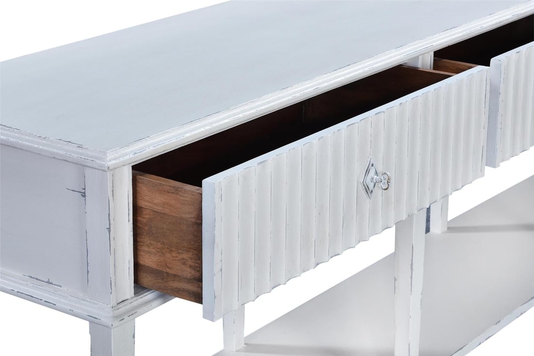 Taylor Transitional Console Table 90in White Soft-Close: Taylor Transitional Console Table 90in White Soft-Close This elegant console table combines transitional style with vintage charm, featuring a stunning antique white finish. Designed with functionalit