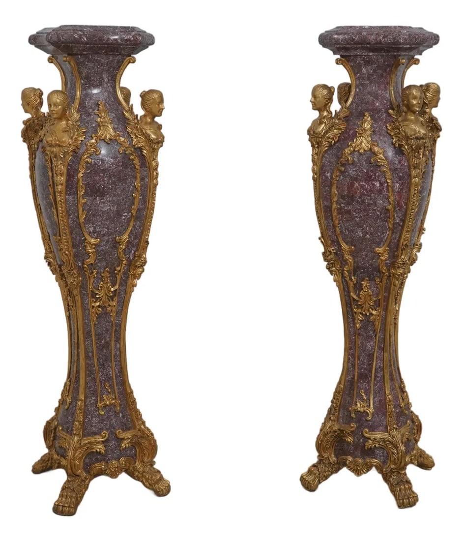 Elegant Pair of Louis XVI Style Gilt Bronze Josephine Marble Pedestals: Elegant Pair of Louis XVI Style Gilt Bronze Josephine Marble Pedestals This exquisite pair of Louis XVI style pedestals features elegant gilt bronze mounts and stunning Josephine marble construction.