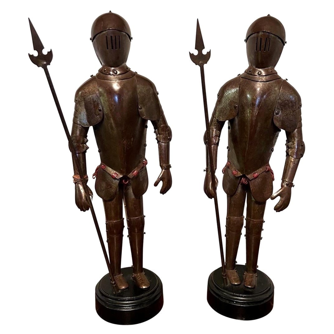 Victorian Hand Forged Armor Knight Figures Set of 2 1890: Victorian Hand Forged Armor Knight Figures Set of 2 1890 This exquisite pair of Victorian Period hand-forged knight figures showcases the artistry of the late 19th century. Standing at 12.5 inches tal