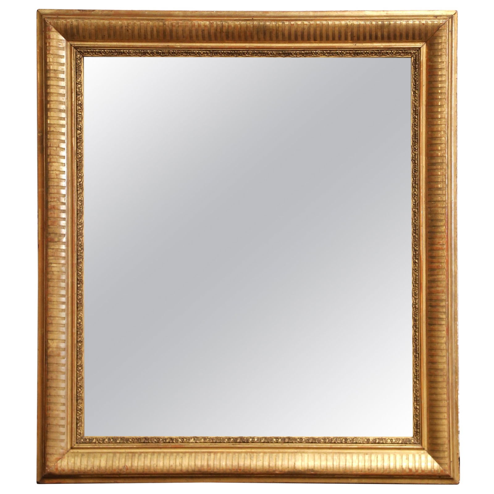 19th Century French Louis Philippe Giltwood Mirror with Stripe and Beaded Trim: 19th Century French Louis Philippe Giltwood Mirror with Stripe and Beaded Trim This stunning antique French Louis Philippe mirror, crafted circa 1870, showcases the elegance of the mid-19th century. T