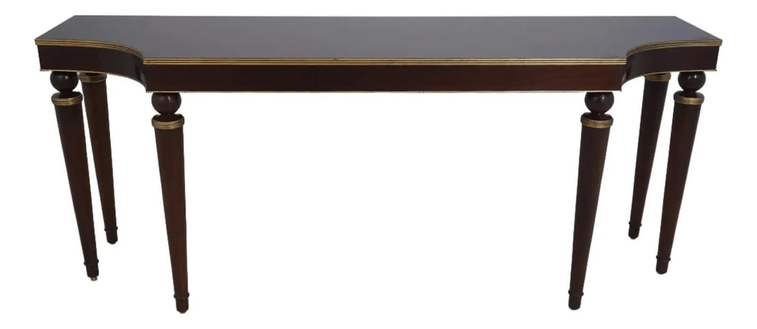 Barbara Barry Modern Regency Mahogany Console Table with Gold Gilt Highlights: Barbara Barry Modern Regency Mahogany Console Table with Gold Gilt Highlights This impressive Baker Barbara Barry Modern Regency Large Console Table features a stunning design crafted from high-qualit
