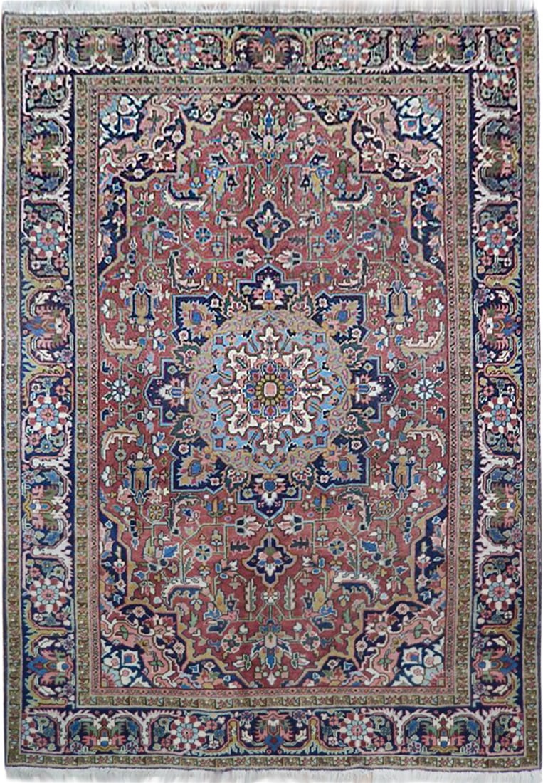 6.8 x 9 Handmade Persian Heriz Rug in Rust and Blue: 6.8 x 9 Handmade Persian Heriz Rug in Rust and Blue Enhance your living space with this stunning Antique Persian Heriz Rug, expertly crafted to bring a touch of heritage to your home. This exquisite r