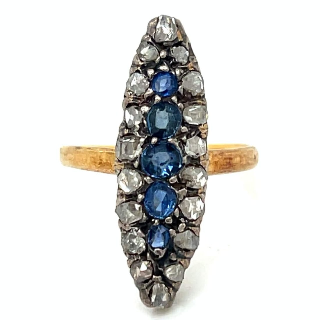 Victorian 18K Gold Silver Sapphire Diamond Ring 0.50 Ct 0.60 Ct: Victorian 18K Gold Silver Sapphire Diamond Ring 0.50 Ct 0.60 Ct This exquisite Victorian ring showcases a stunning combination of 18K yellow gold and silver, adorned with five sparkling sapphires and