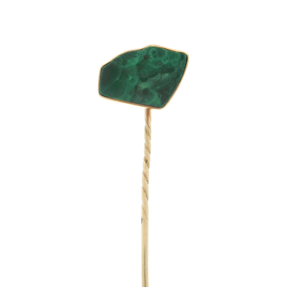 Antique 18k Yellow Gold Malachite Stick Pin European Collectible: Antique 18k Yellow Gold Malachite Stick Pin European Collectible This exquisite antique European collectible features a custom cut malachite stick pin set in solid 18k yellow gold. The natural genuine