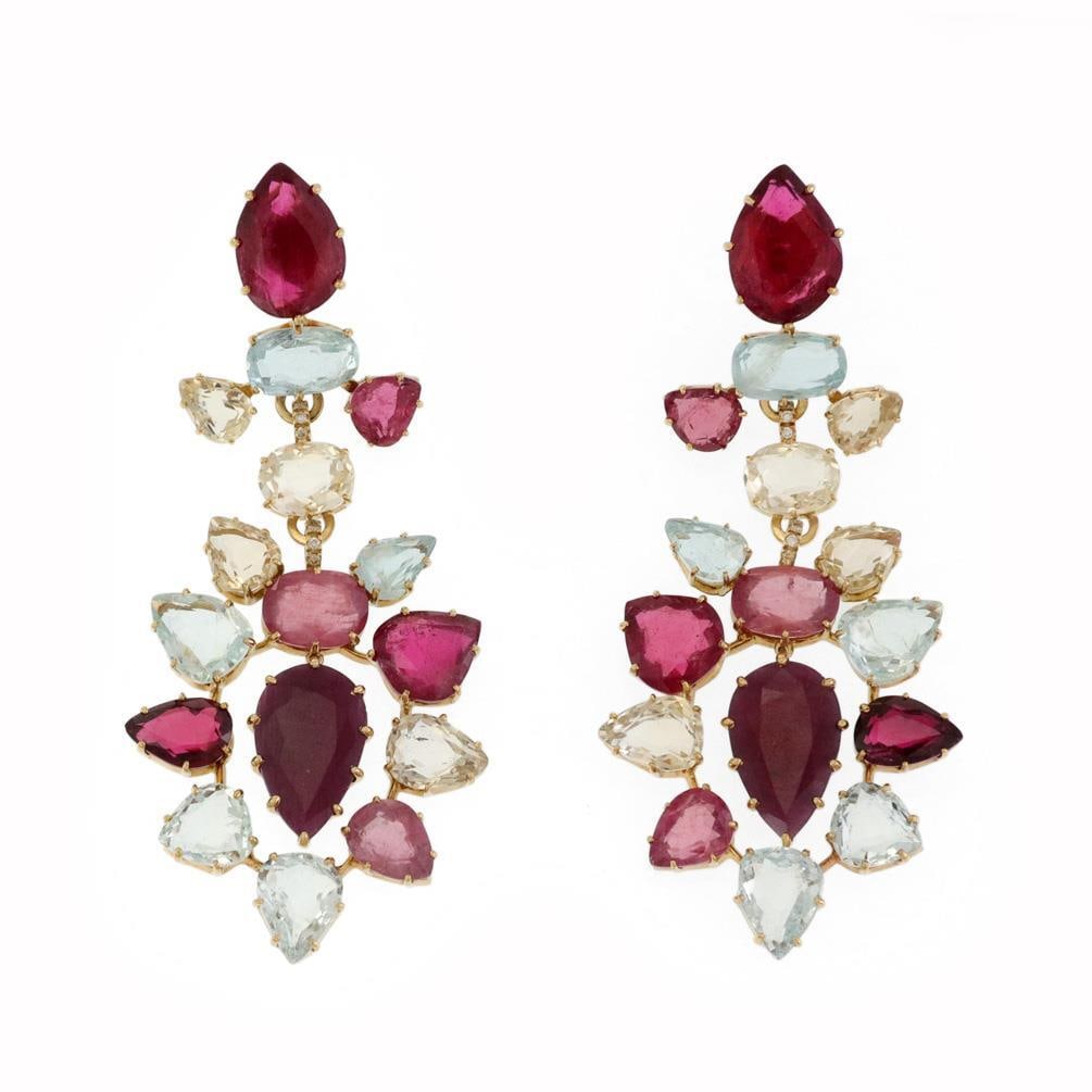 H.Stern 18k Gold Long Dangle Earrings with Aquamarine and Tourmaline: H.Stern 18k Gold Long Dangle Earrings with Aquamarine and Tourmaline These stunning long dangle earrings by designer H.Stern are crafted from luxurious 18k yellow gold. The earrings feature an eye-cat