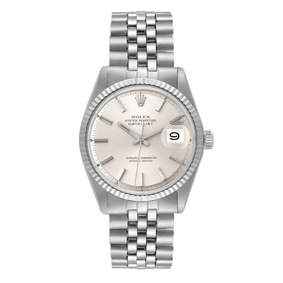 Rolex Datejust 1967 Silver Stick Dial Jubilee Ref 1603 with Service Papers: Rolex Datejust 1967 Silver Stick Dial Jubilee Ref 1603 with Service Papers This elegant Rolex Datejust watch features a classic silver stick dial housed in a 36mm stainless steel case. The fluted beze