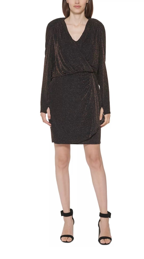 Calvin Klein Black Gold Glitter Knit Bodycon Dress Size 4: Calvin Klein Black Gold Glitter Knit Bodycon Dress Size 4 Elevate your evening wear with this stunning Calvin Klein Glitter Knit Gathered Waist Dress. Designed in a chic black and gold color palette,