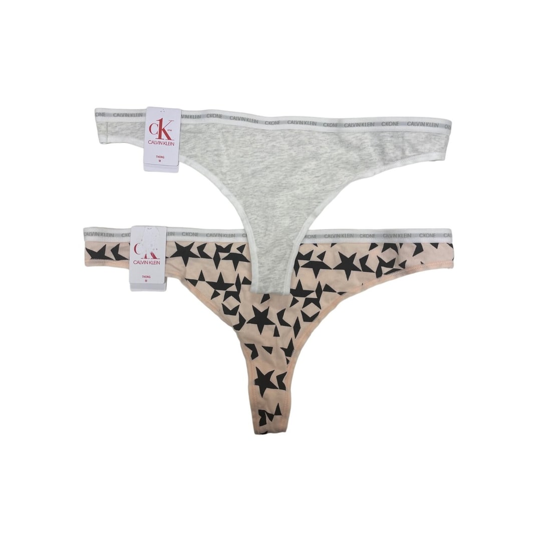 Calvin Klein CK One Star Pattern Thong in Grey M: Calvin Klein CK One Star Pattern Thong in Grey M Elevate your essentials with the Calvin Klein One Cotton Singles Thong in a stylish Snow Heather Grey with star pattern. This modern bikini-style under