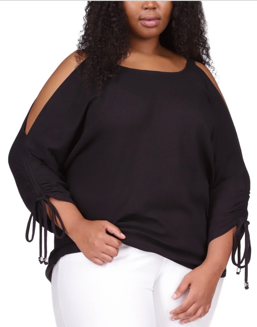 Michael Kors Plus-Size Black Cutout Lace-Up Blouse 2X: Michael Kors Plus-Size Black Cutout Lace-Up Blouse 2X Elevate your wardrobe with this stylish Plus-Size Cutout Lace-Up Top from Michael Michael Kors. Designed for versatility, this blouse transitions