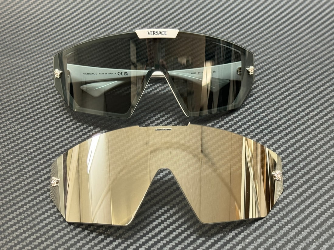 VERSACE VE4461 Unisex Sunglasses White Frame Silver Mirror Lenses: VERSACE VE4461 Unisex Sunglasses White Frame Silver Mirror Lenses Elevate your style with these VERSACE VE4461 unisex sunglasses. Featuring a chic white frame, these sunglasses come with two exchangea