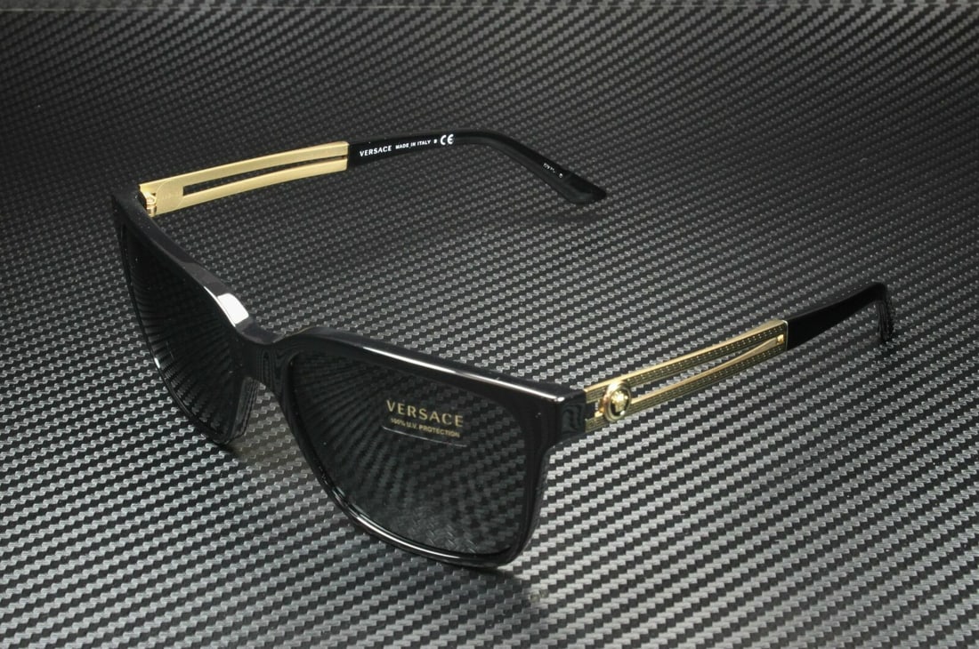 Versace VE4307 GB1 87 Black Acetate Square Sunglasses with Grey Lenses: Versace VE4307 GB1 87 Black Acetate Square Sunglasses with Grey Lenses Elevate your accessory game with these Versace VE4307 GB1 87 men's square sunglasses. Designed with a striking black acetate fram