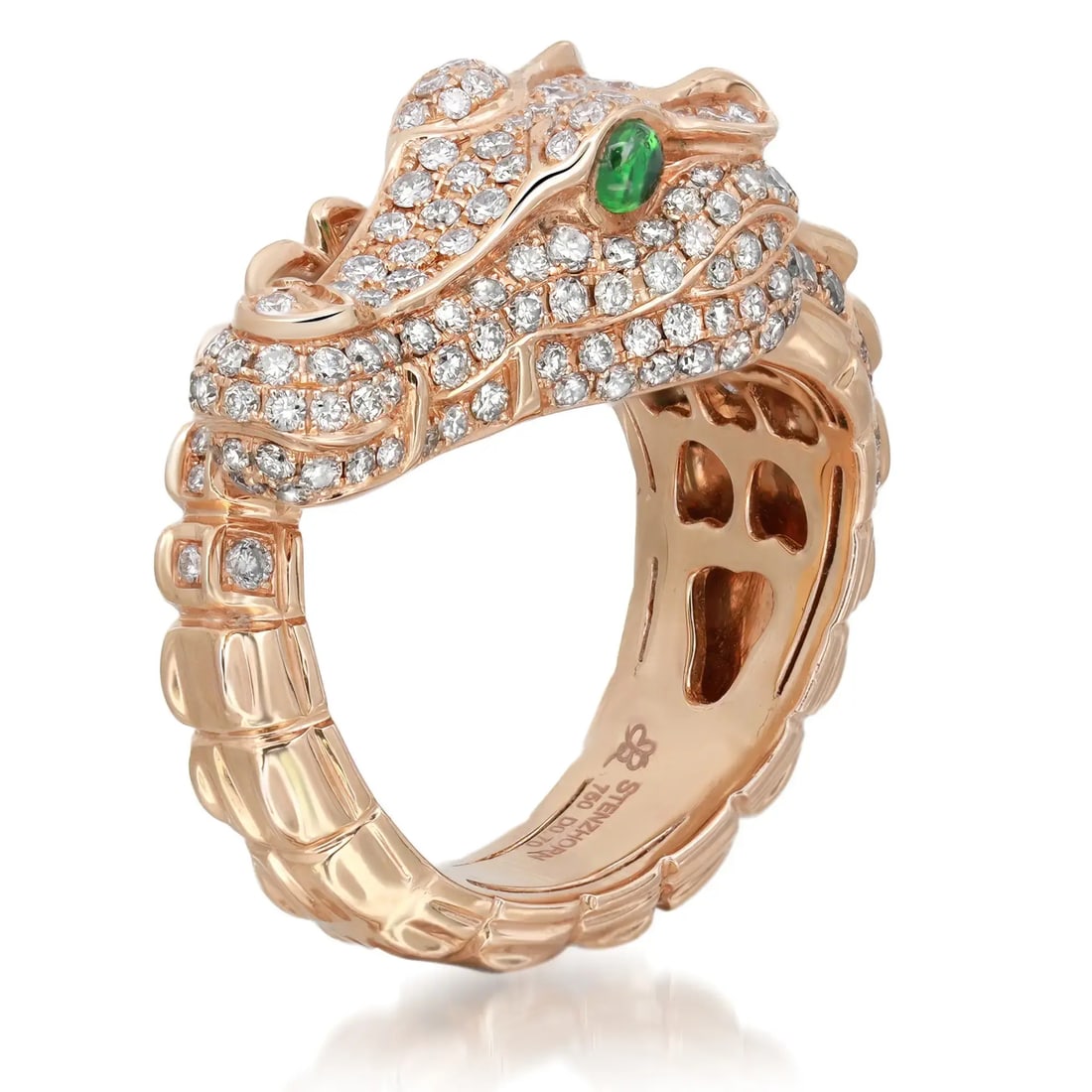 Stenzhorn 18K Rose Gold Crocodile Ring with Diamonds and Spinel Size 6: Stenzhorn 18K Rose Gold Crocodile Ring with Diamonds and Spinel Size 6 This exquisite Stenzhorn cocktail ring features a playful crocodile design that wraps elegantly around the finger. Crafted from l