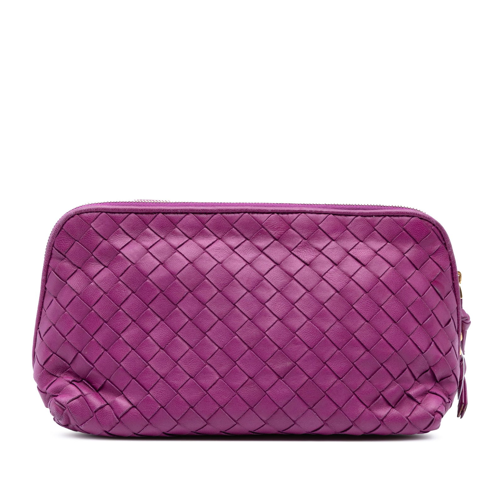 Bottega Veneta Purple Nappa Intrecciato Leather Cosmetic Pouch: Bottega Veneta Purple Nappa Intrecciato Leather Cosmetic Pouch Introducing the Bottega Veneta Nappa Intrecciato Cosmetic Pouch, a luxurious accessory crafted from high-quality leather featuring a sign