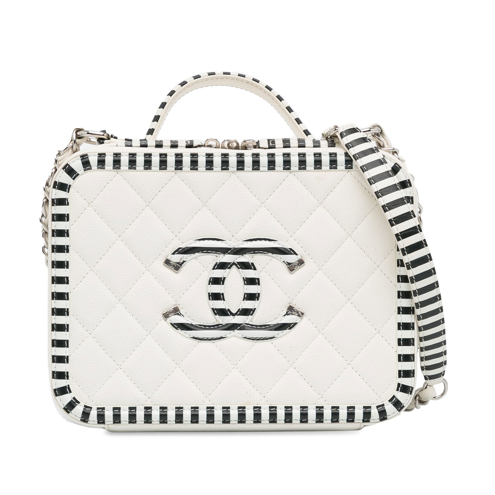 Chanel Medium Caviar CC Filigree Vanity Bag White Leather: Chanel Medium Caviar CC Filigree Vanity Bag White Leather Introducing the Chanel Medium Caviar CC Filigree Vanity Case, a luxurious accessory crafted from exquisite quilted caviar leather. This elegan